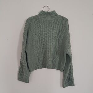 Pink Rose Cable Knit Turtleneck Sweater - Sage